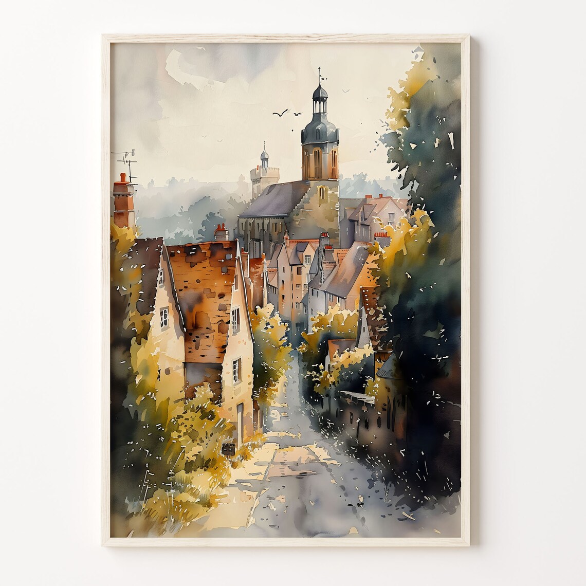 Rye England Watercolor Poster Medieval Street Church Tower Golden