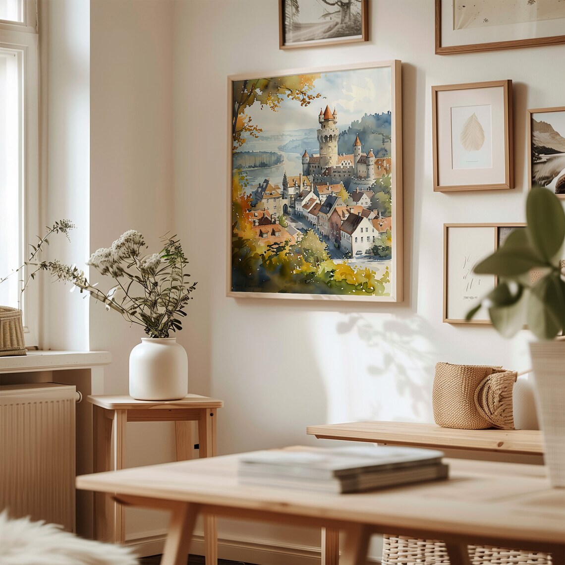 European Castle Riverside Old Town Red Roofs Watercolor Poster - Image 3