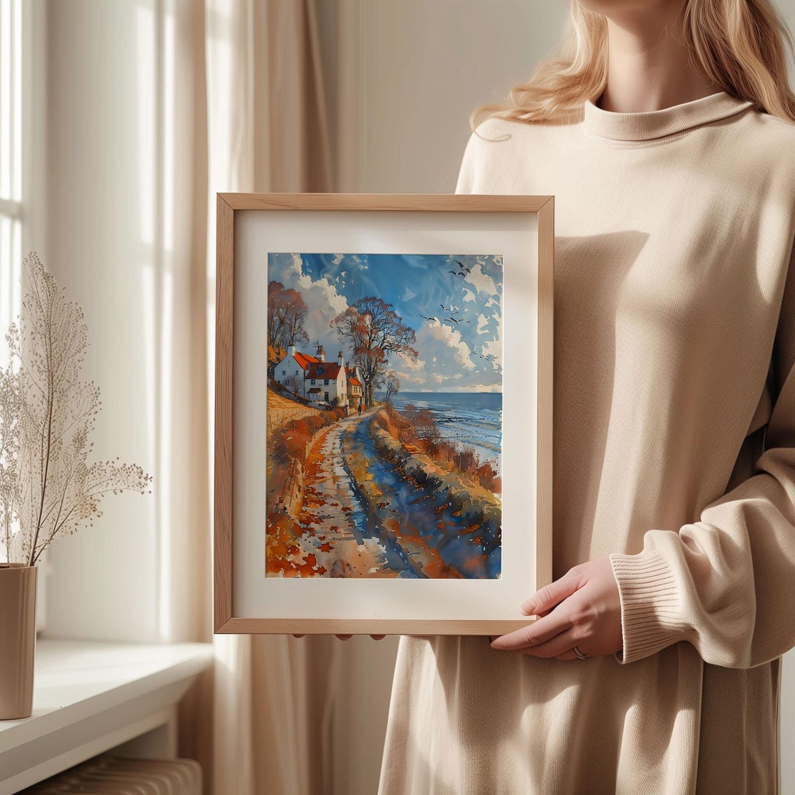 Hunstanton Cliffs Coastal Country Lane Watercolor Painting Poster - Image 2