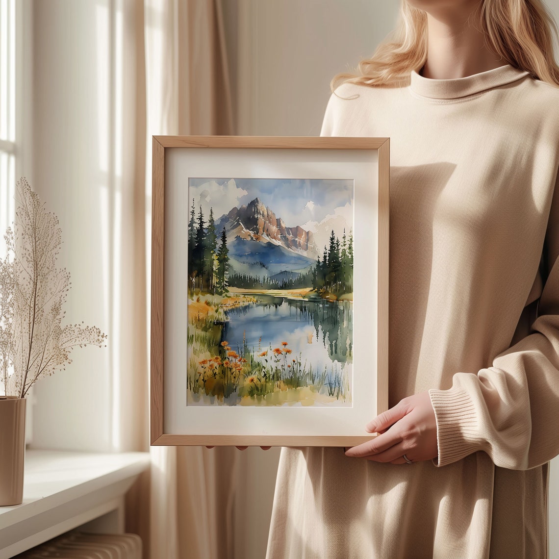 Banff Mountain Lake Watercolor Poster Wildflowers Pines Reflection - Image 2