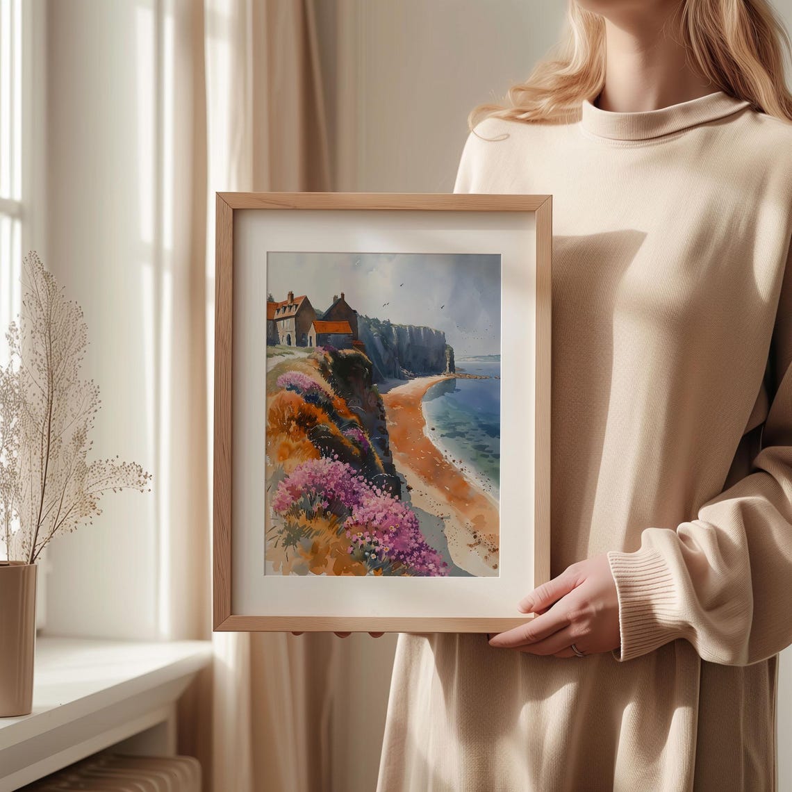 Normandy France White Cliffs Heather Watercolor Painting Poster - Image 2
