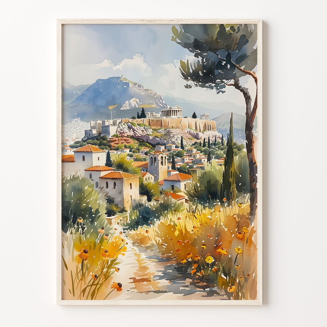 Athens Acropolis Parthenon Golden Wildflowers Watercolor Poster