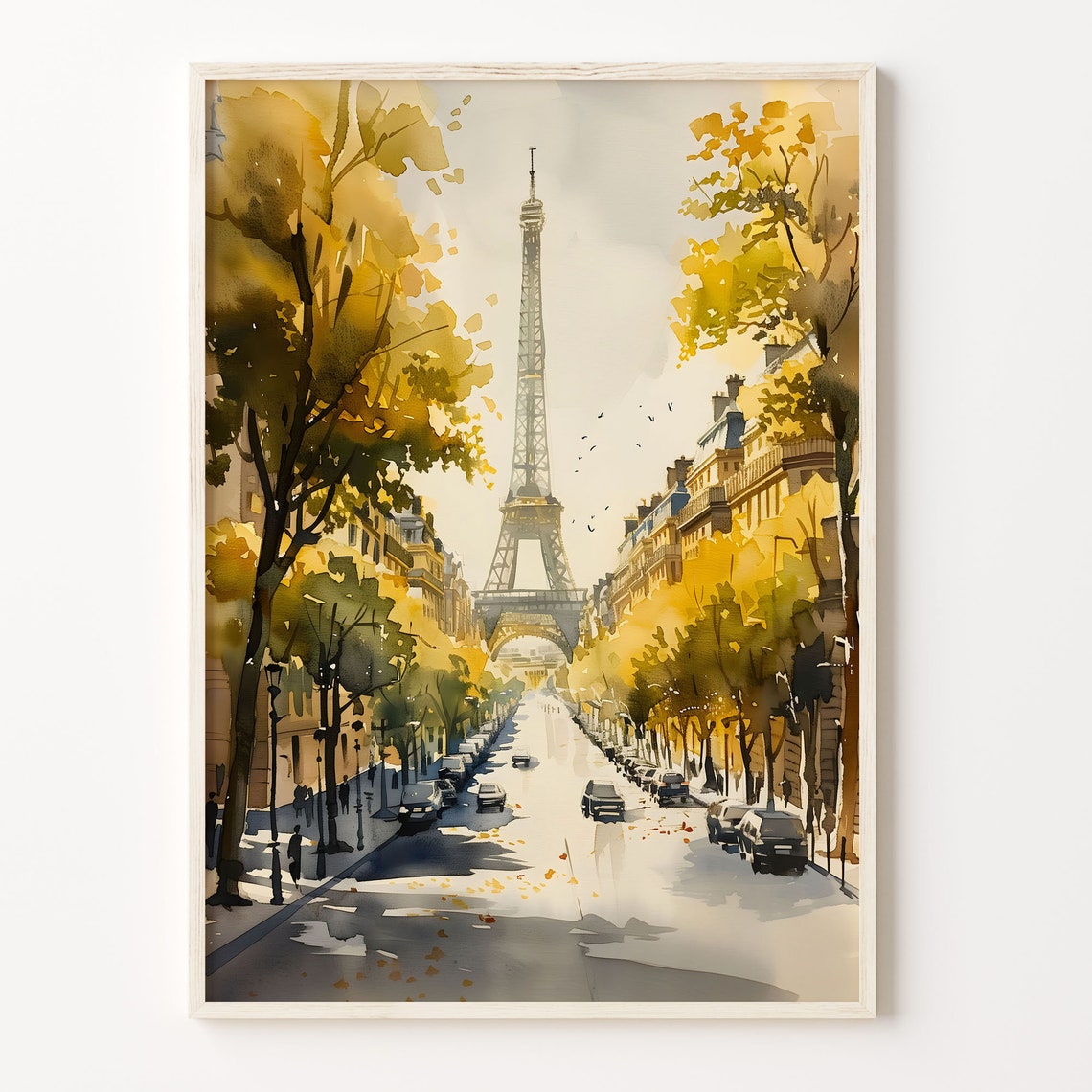 Paris Eiffel Tower Watercolor Poster Golden Autumn Avenue Trees