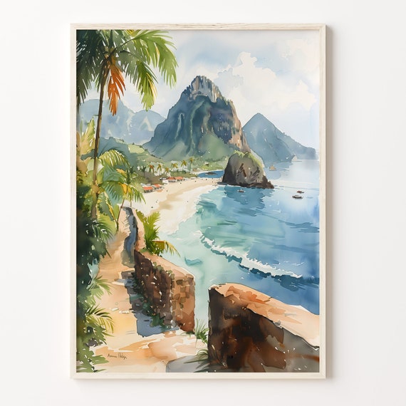 Saint Lucia Watercolor Travel Poster, Caribbean Decor