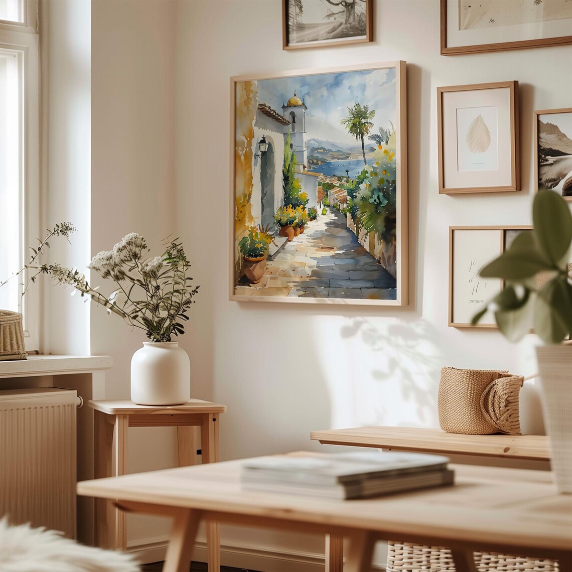 Albufeira Portugal Whitewashed Alley Church Sea View Watercolor Poster - Image 3