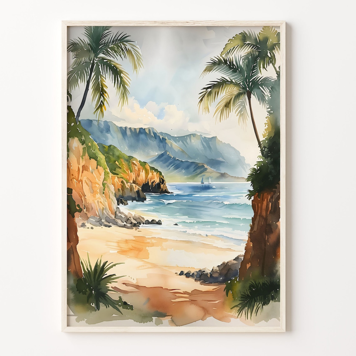 Maui Hawaii Golden Tropical Palm Beach Mountain Watercolor Poster