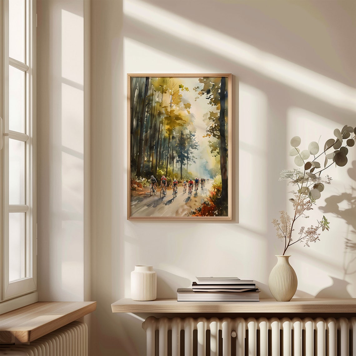 Road Cyclists Racing Through Sunlit Forest Road Watercolor Print - Image 4