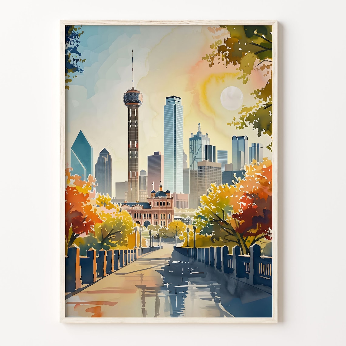 Dallas Skyline Watercolor Travel Poster, Texas