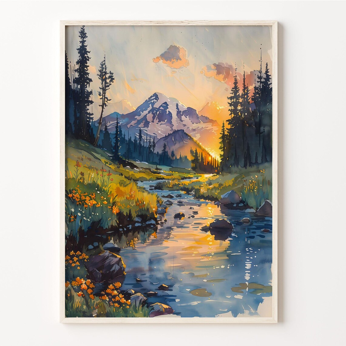 Mount Rainier Watercolor Painting Art Print, Washington