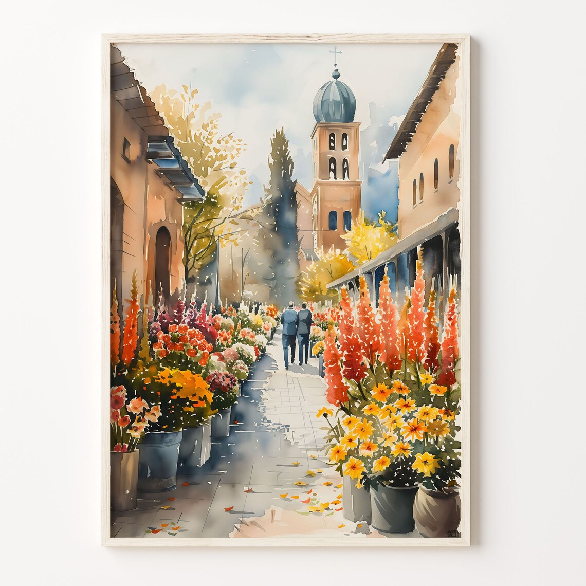 San Diego Flower Market Street Church Tower Blooms Watercolor Poster