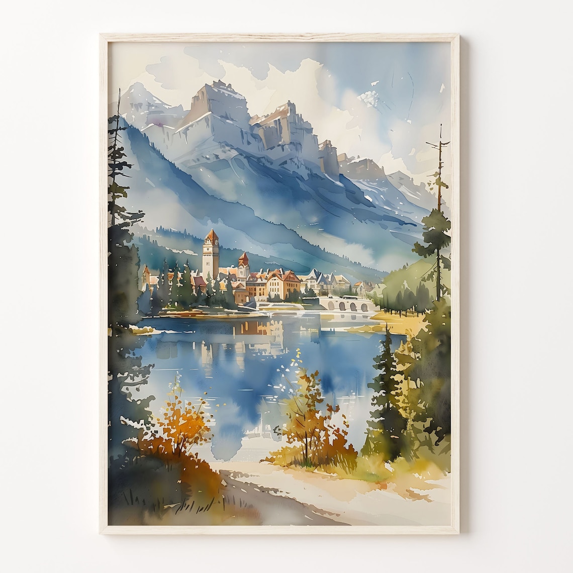 Banff Canada Watercolor Travel Poster, Mid-Century Modern