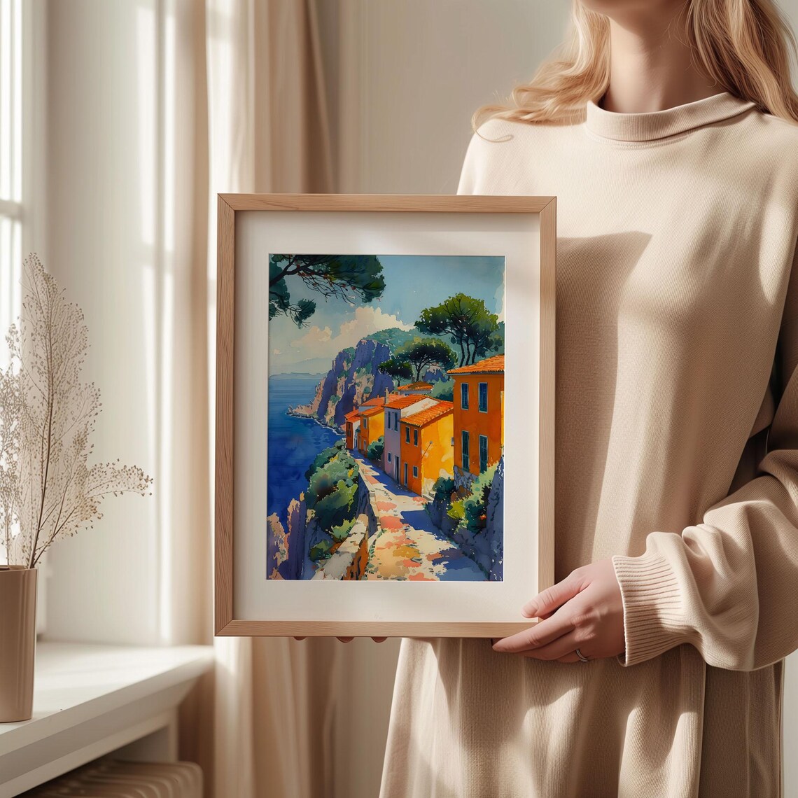 Lefkada Greece Orange Cliffside Houses Deep Blue Sea Watercolor Poster - Image 2