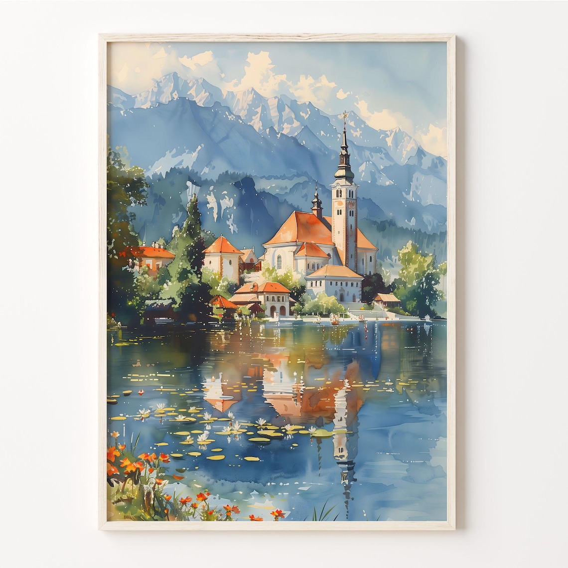 Lake Bled Watercolor Painting Travel Poster