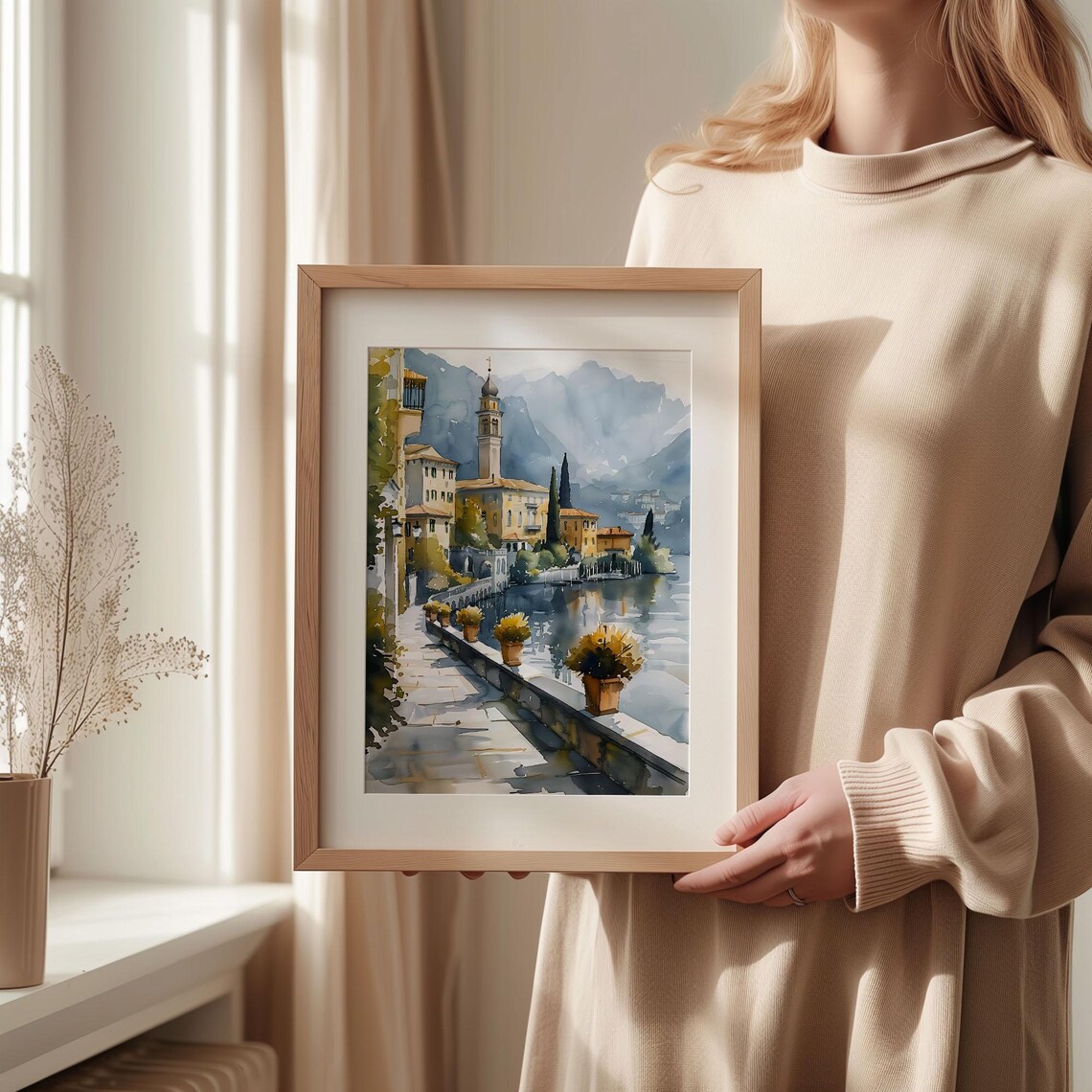 Lake Como Italy Lakeside Promenade Church Watercolor Painting Poster - Image 2