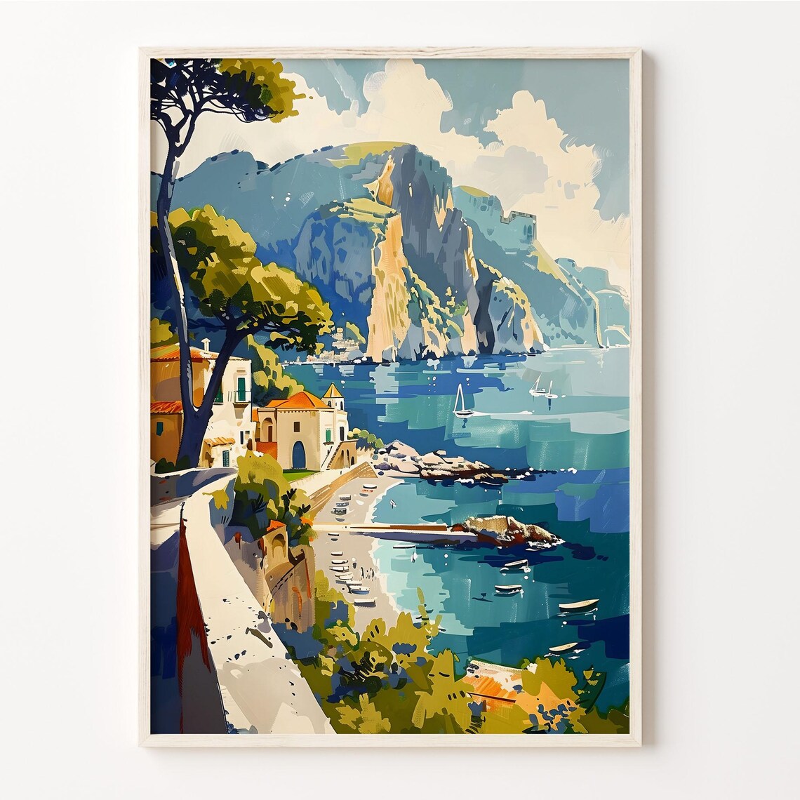 Capri Italy Coastal Cliffs Turquoise Bay Watercolor Travel Poster