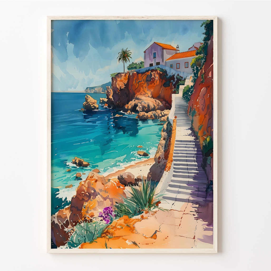 Algarve Portugal Watercolor Art Print, Coastal Travel
