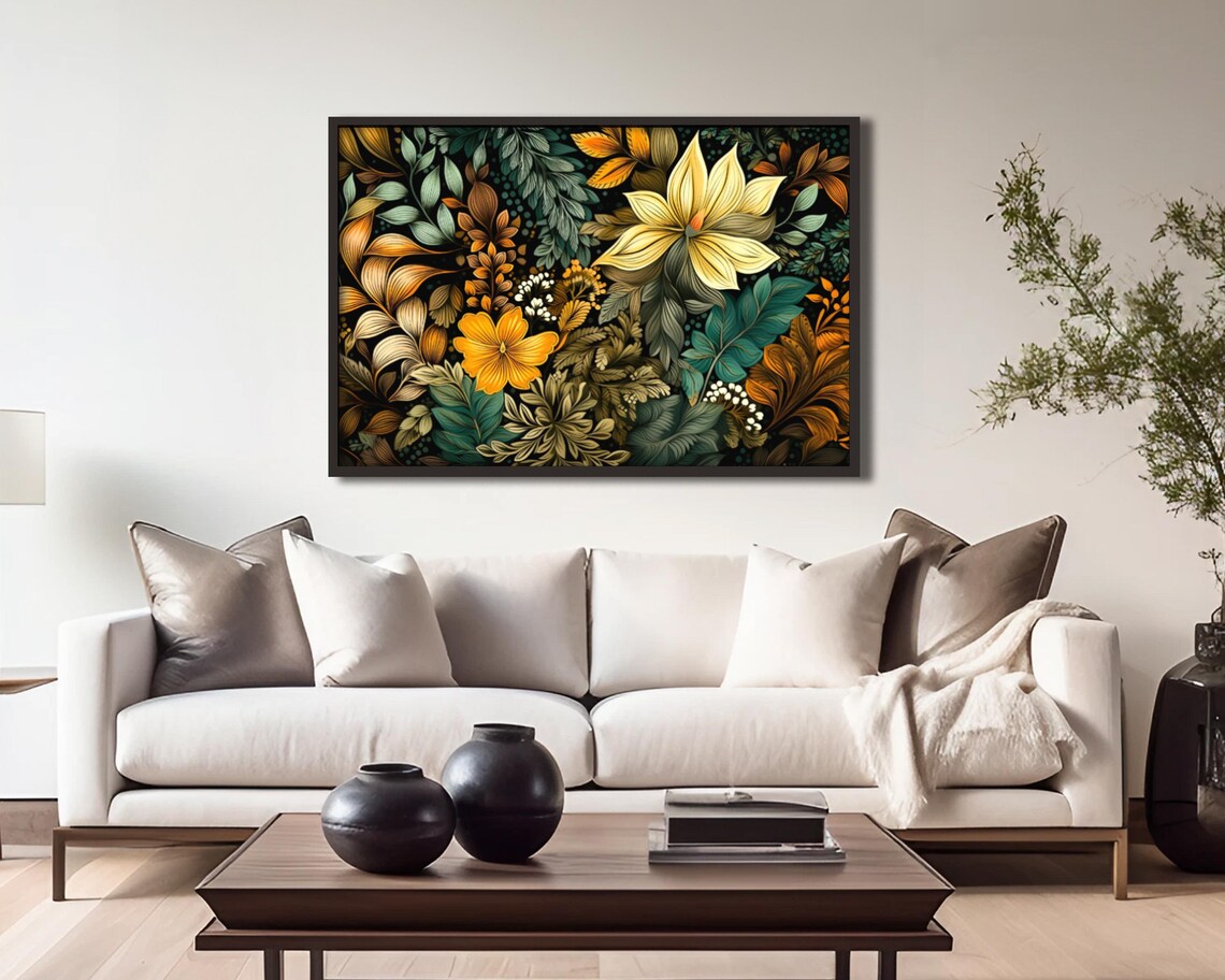 Dark Botanical Yellow Orange Blooms Teal Leaves Vintage Art Poster - Image 4