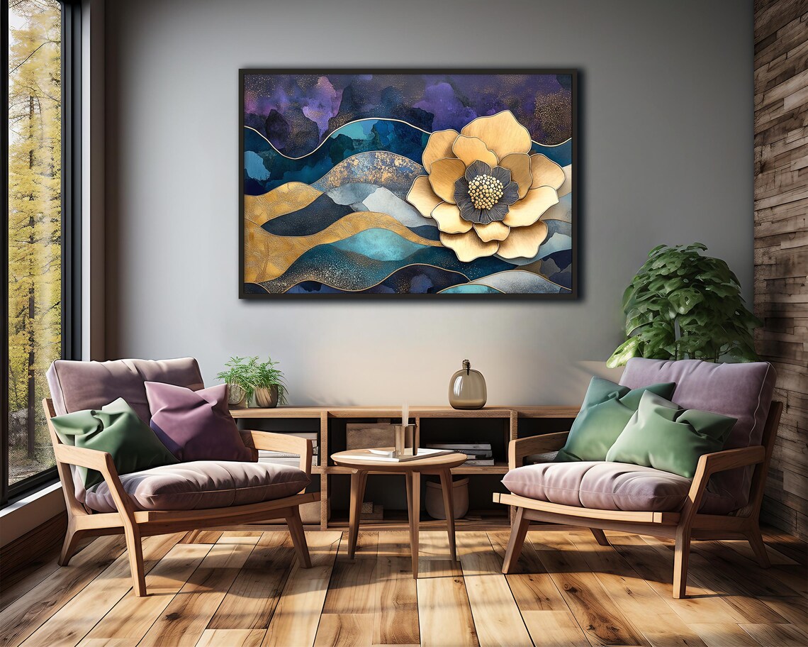 Luxury Gold 3D Flower Teal Purple Waves Glitter Floral Art Poster - Image 3