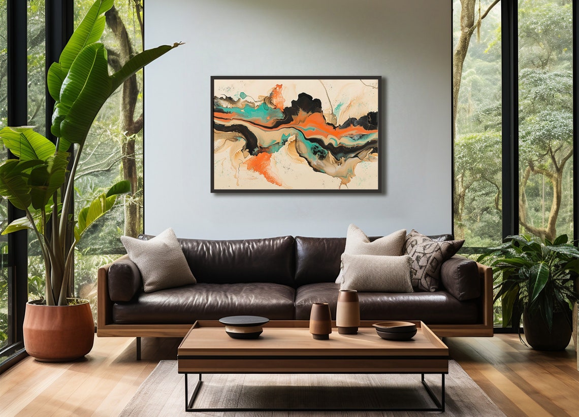 Abstract Wall Art Bold Orange Black Teal And Beige Print Mancave Decor Home Decor Modern Art Focal Point Unframed Art Print For Office - Image 4
