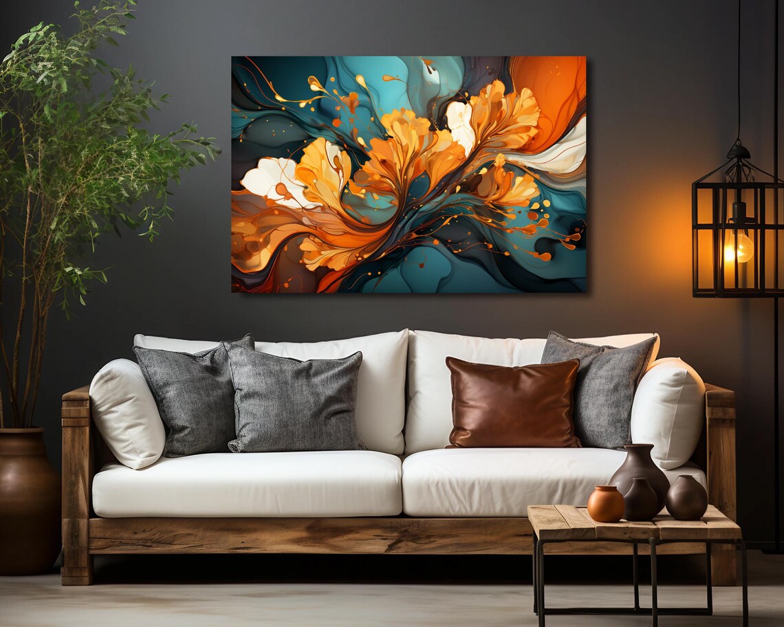 Teal, Orange, Beige and Gold Abstract Art Print - Image 4
