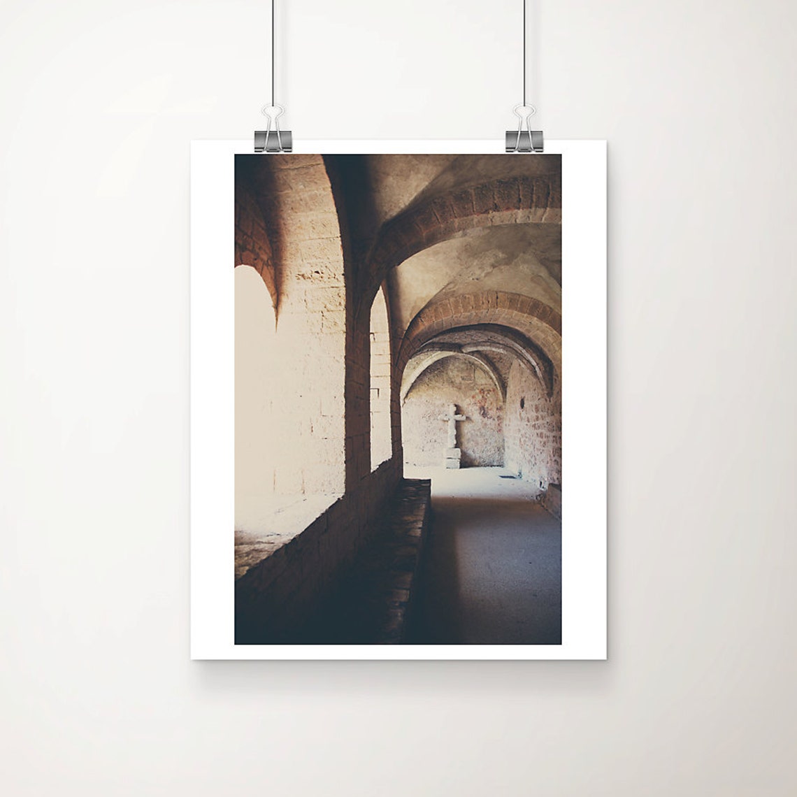 Ancient Stone Abbey Cloister Photography Print with Soft Window Light