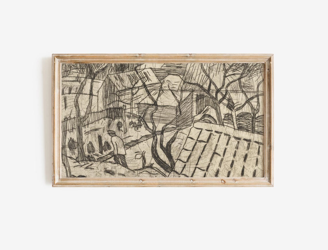 Black Ink Sketch Village Rooftops Rustic Winter Drawing Poster - Image 2