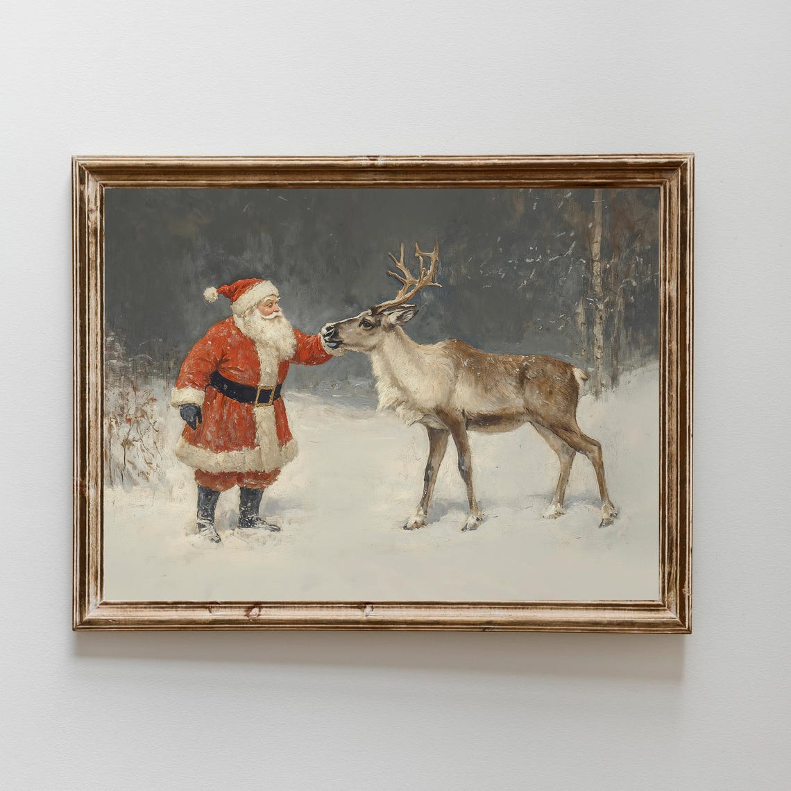 Vintage Santa Claus Reindeer Snowy Forest Christmas Art Poster
