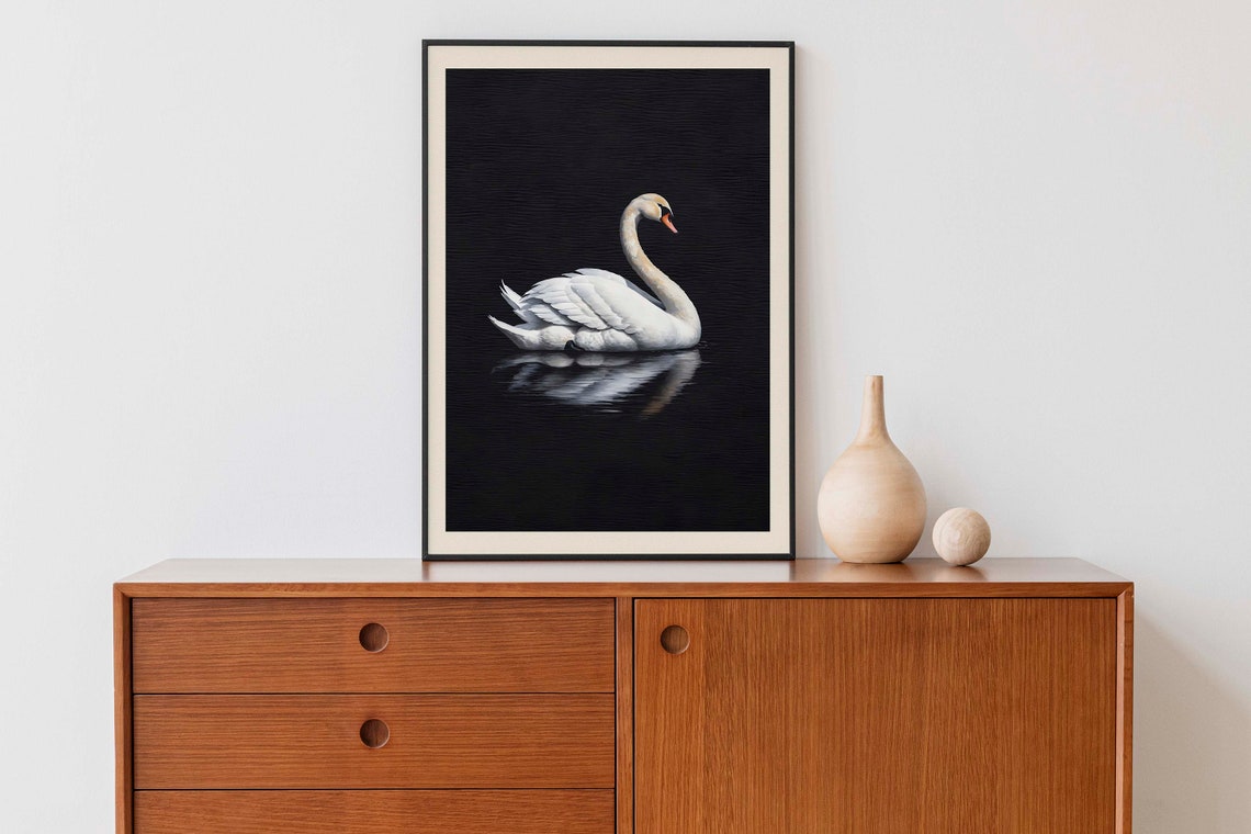 White Swan Black Water Reflection Elegant Bird Painting Poster - Image 3