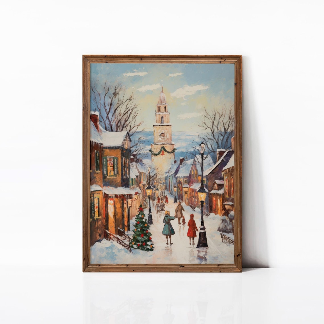 Festive Winter Town Street Clock Tower Christmas Village Art Poster