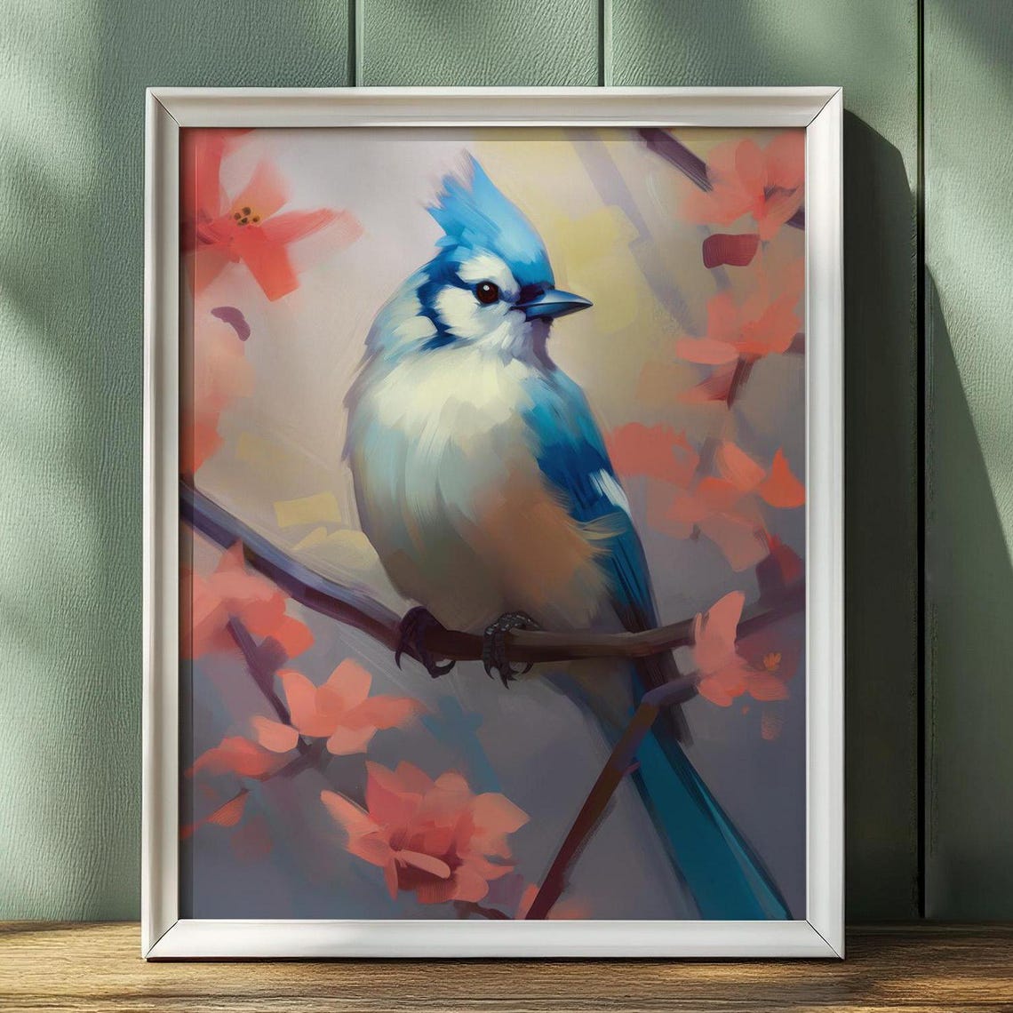Blue Jay Bird Coral Blossom Branch Charming Spring Bird Art Poster - Image 4