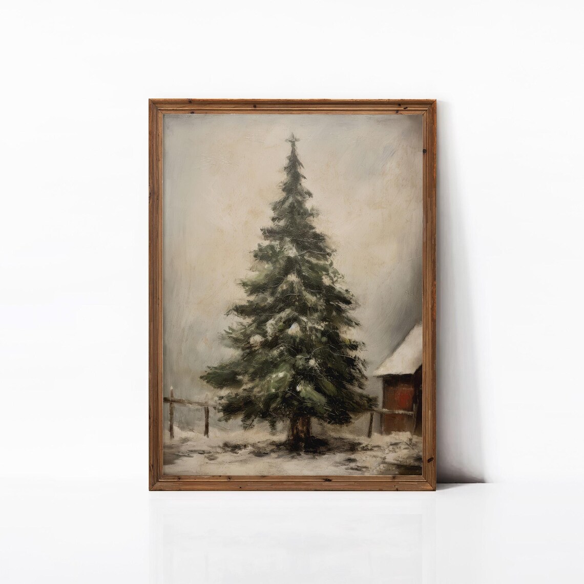 Vintage Snowy Evergreen Tree Red Barn Farm Winter Art Poster