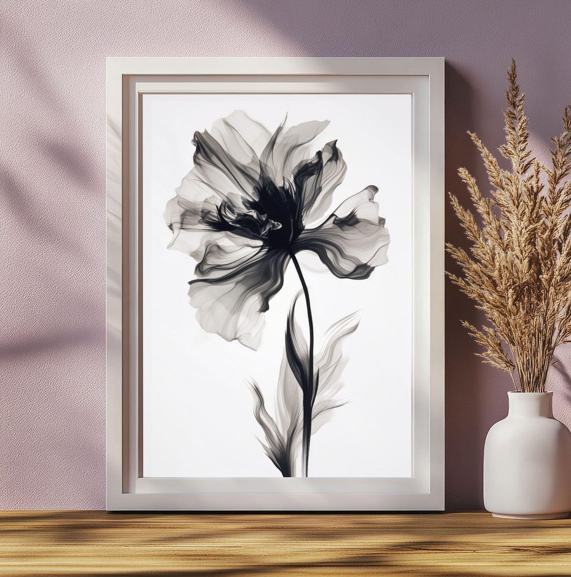 Black White Ink Flower Minimalist Monochrome Botanical Art Poster - Image 2