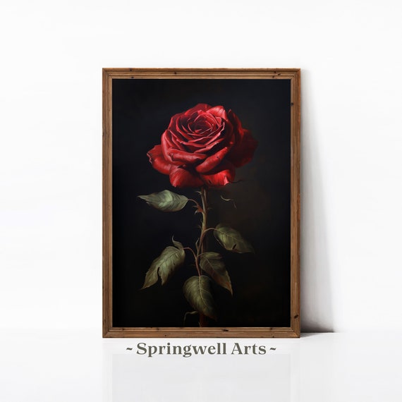 Moody Red Rose Vintage Botanical Art Print