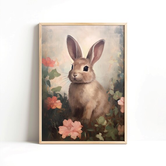 Baby Bunny Rabbit Flower Painting Cute Nursery Wall Decor Art Poster