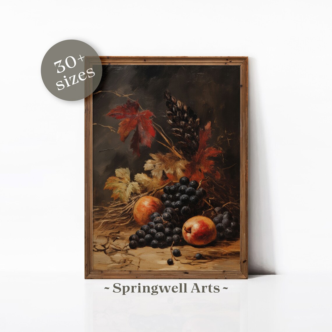 Dark Moody Still Life Grapes Peaches And Autumn Leaves Vintage Poster