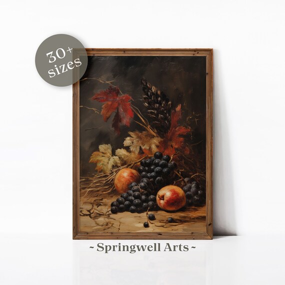 Dark Moody Still Life Grapes Peaches And Autumn Leaves Vintage Poster