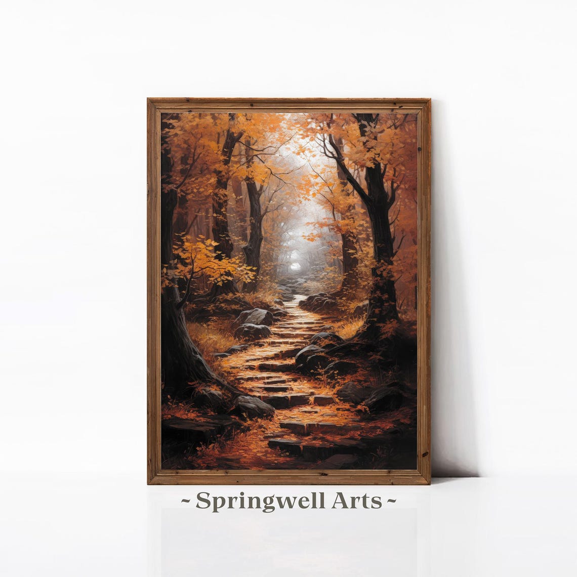 Golden Autumn Forest Stone Steps Pathway Vintage Woodland Poster
