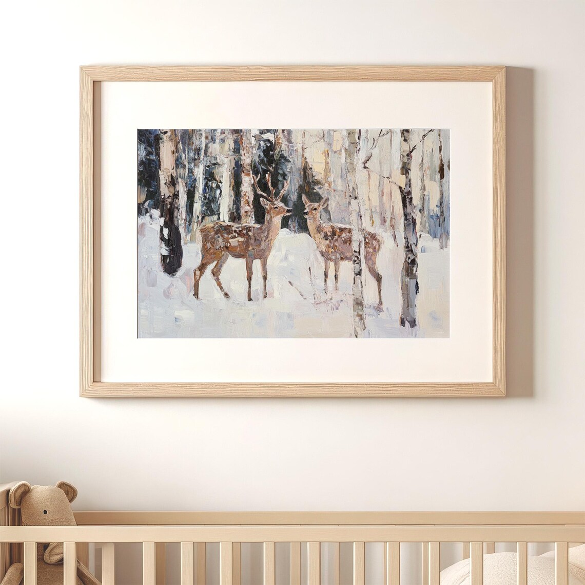 Stag And Doe Snowy Birch Woodland Vintage Winter Wildlife Poster - Image 3