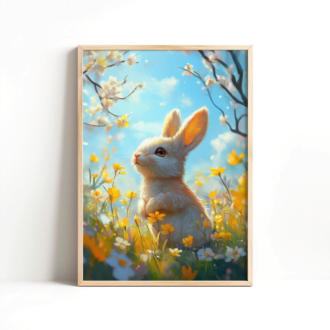 Cute Easter Bunny Print Spring Rabbit Poster Yellow Wildflowers Nursery Kids Room Decor Instant Wall Art