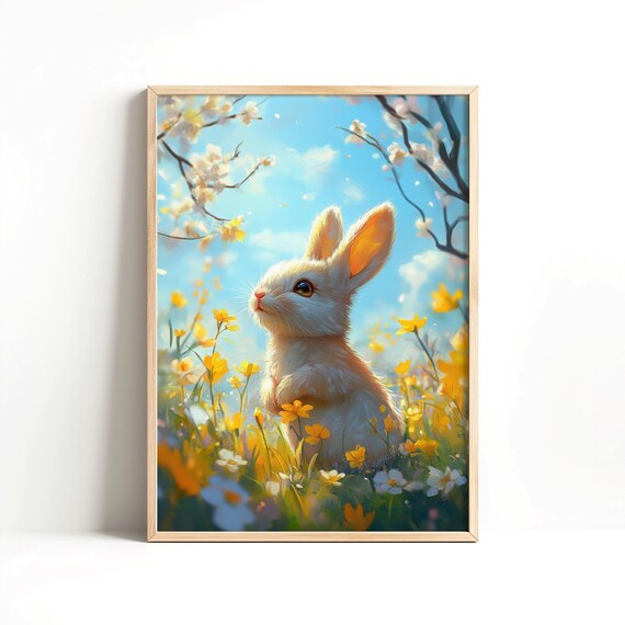 Easter Bunny Yellow Wildflowers Cute Spring Rabbit Nursery Kids Room Print