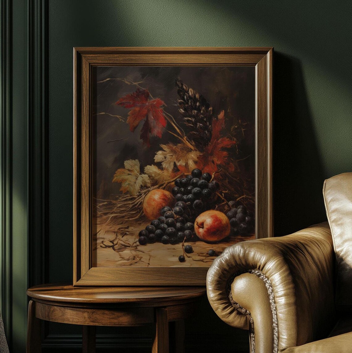 Dark Moody Still Life Grapes Peaches And Autumn Leaves Vintage Poster - Image 4