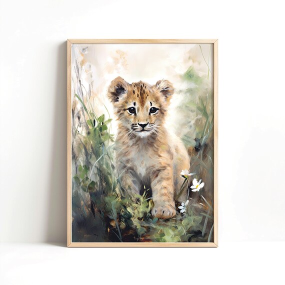 Baby Lion Cub Wildflower Painting Cute Safari Nursery Wall Decor Poster