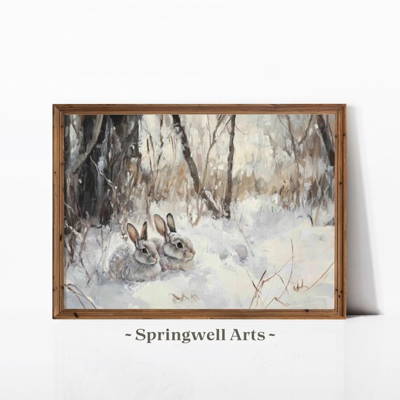 Rabbit Pair Snowy Forest Clearing Vintage Winter Wildlife Poster