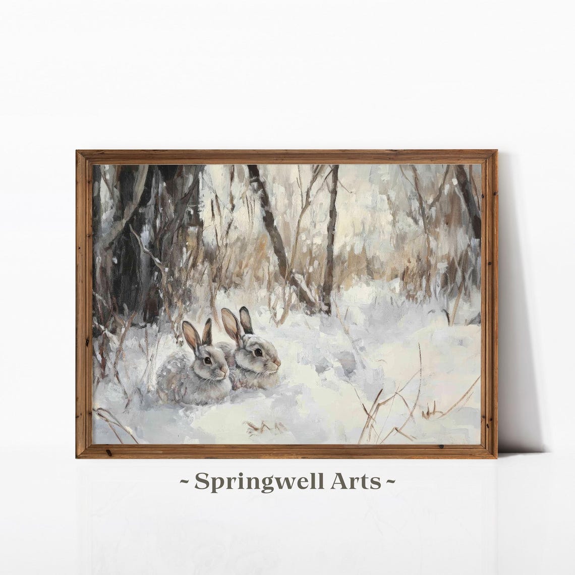 Rabbit Pair Snowy Forest Clearing Vintage Winter Wildlife Poster