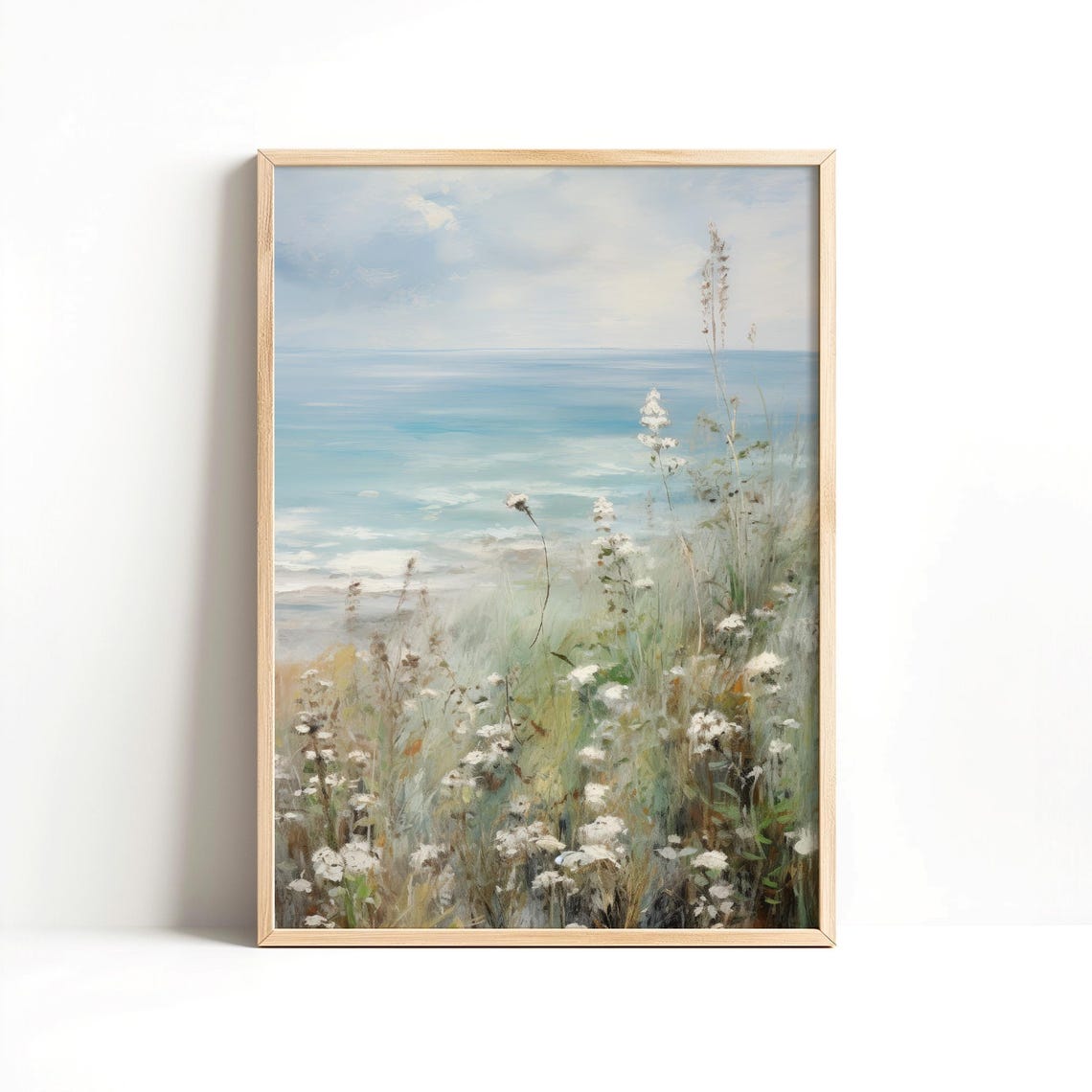 Turquoise Coastal Ocean White Wildflower Summer Seaside Art Poster