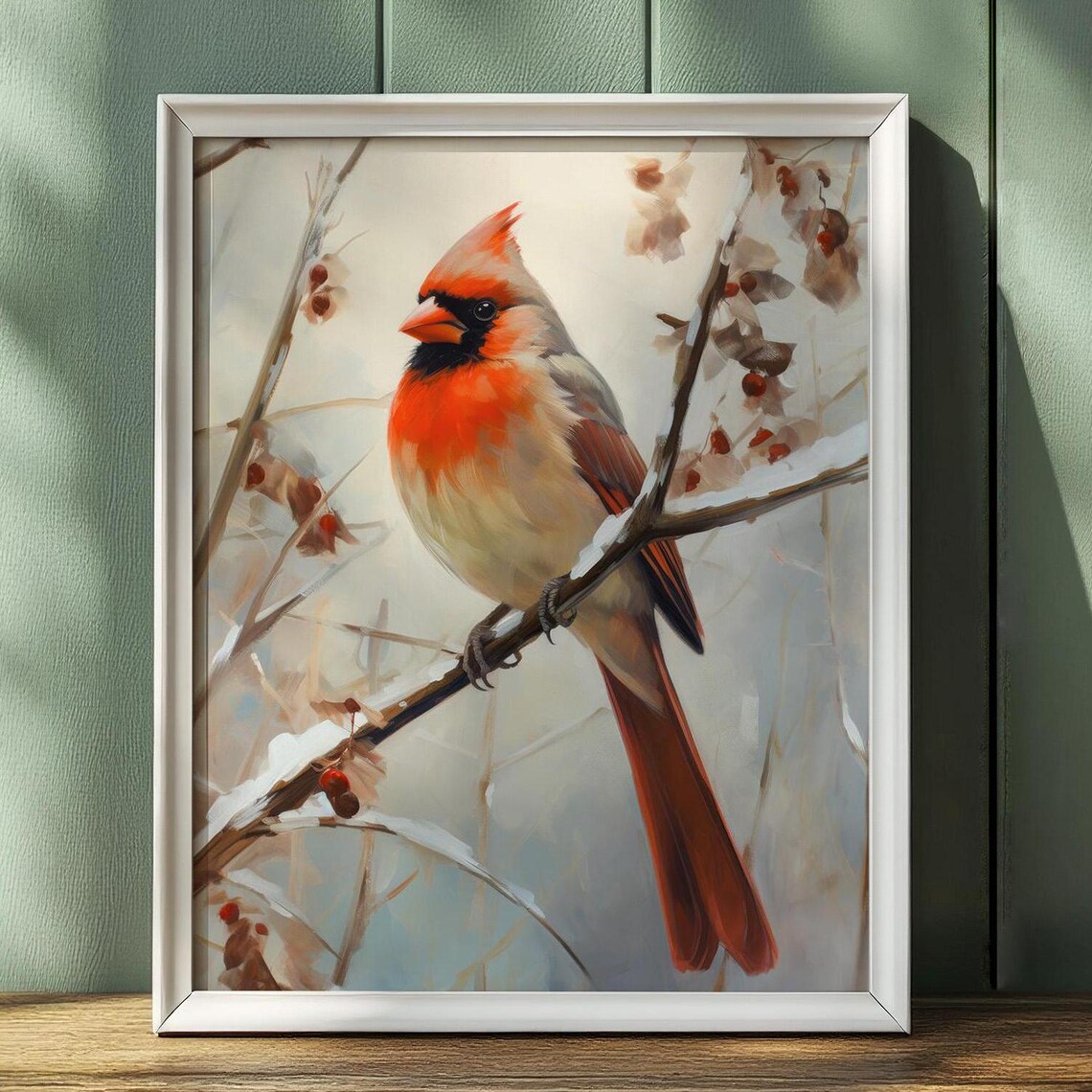 Red Cardinal Winter Snowy Branch Bird Painting Wildlife Art Poster - Image 4