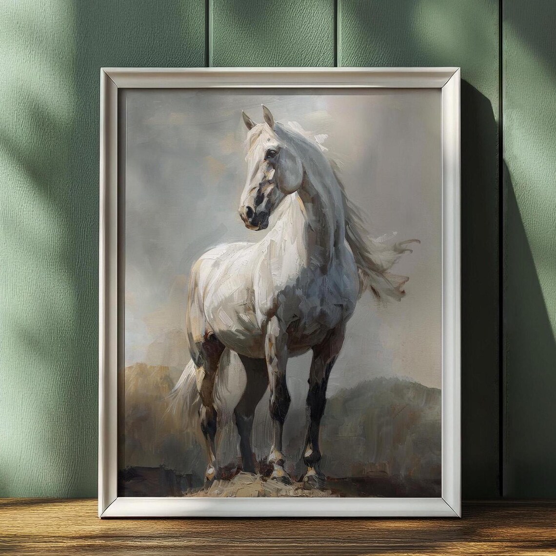 Majestic White Horse Standing Tall Vintage Equine Portrait Poster - Image 3
