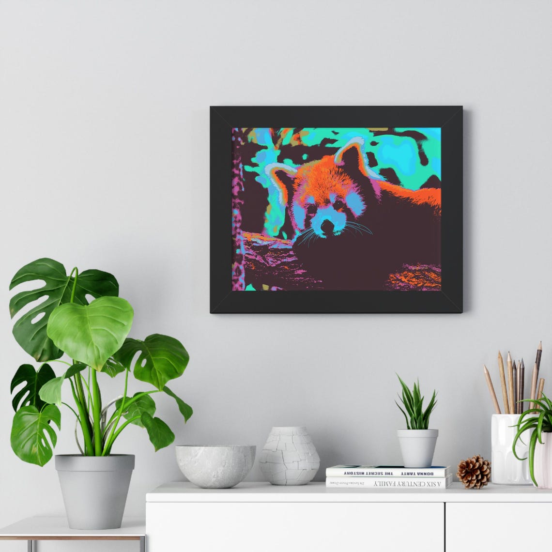 Vibrant Red Panda Close-Up in Neon Pop Art Colors Framed Poster - Image 2