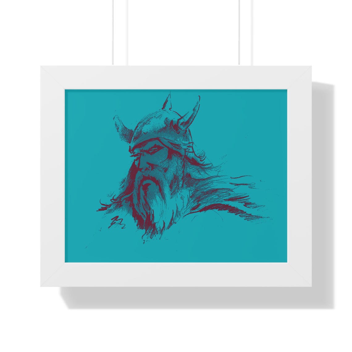 Bearded Viking Warrior Portrait Sketch on Teal Background Poster - Image 3