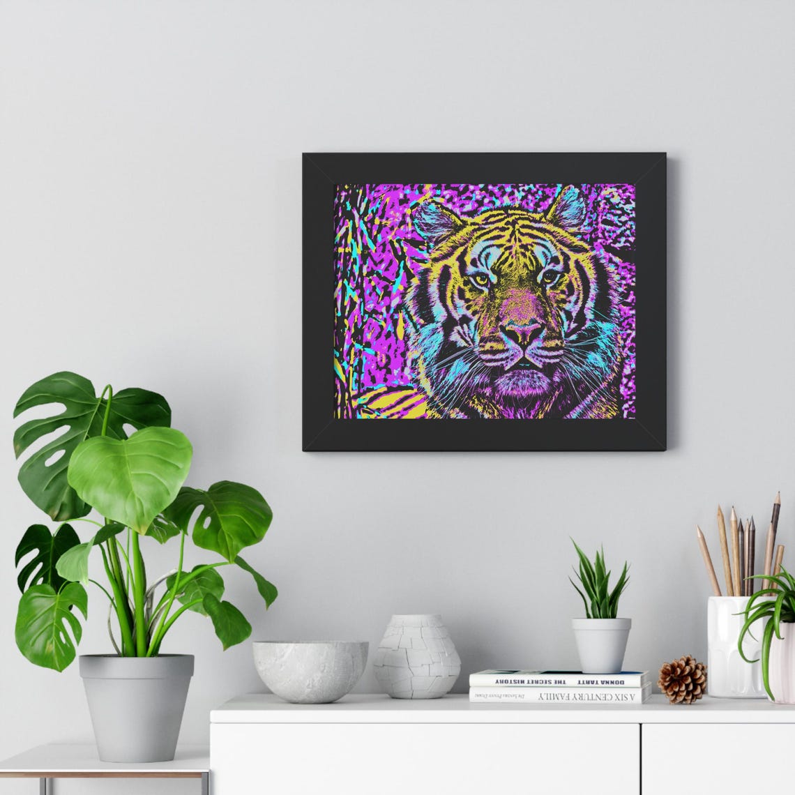 Bold Intense Tiger Portrait in Neon Pop Art Colors Framed Poster - Image 4